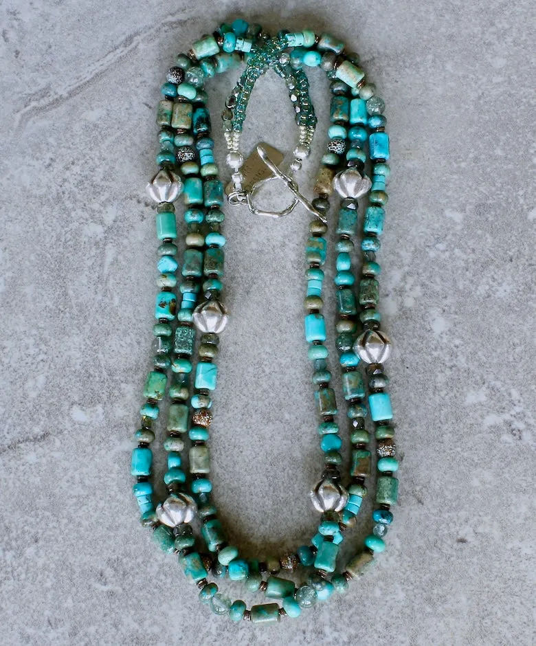 Blended Turquoise 3-Strand Necklace with Rutilated Quartz, Czech Glass, Hill Tribe Silver Ridged Bicones, and a Sterling Silver Toggle Clasp