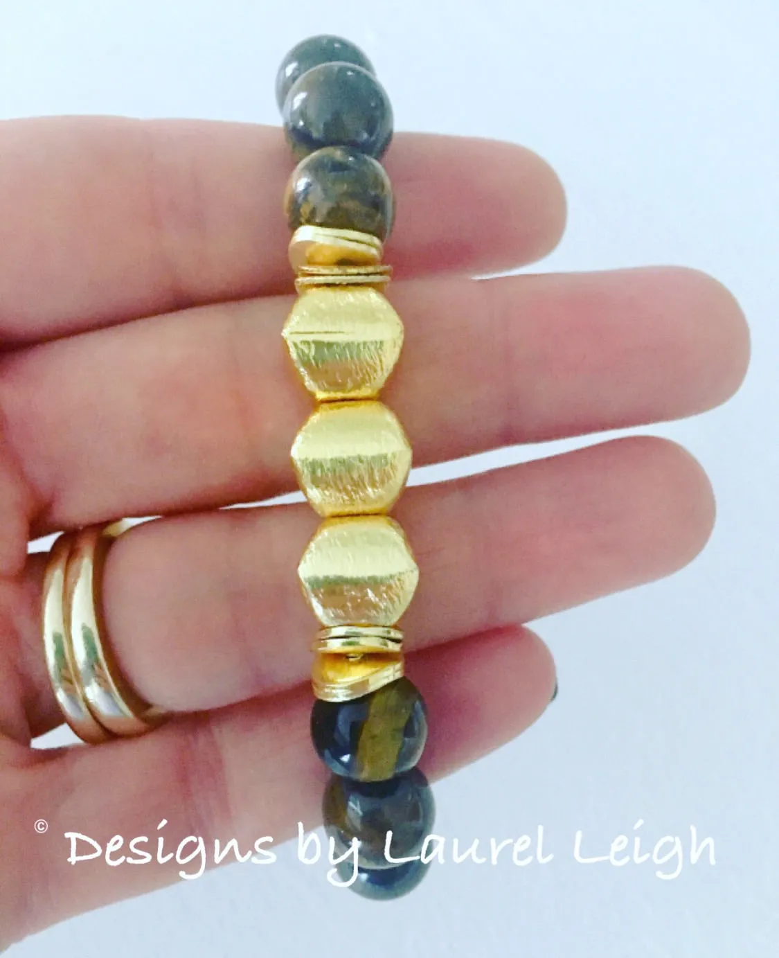 Brown Tiger’s Eye Gemstone and Gold Beaded Bracelet