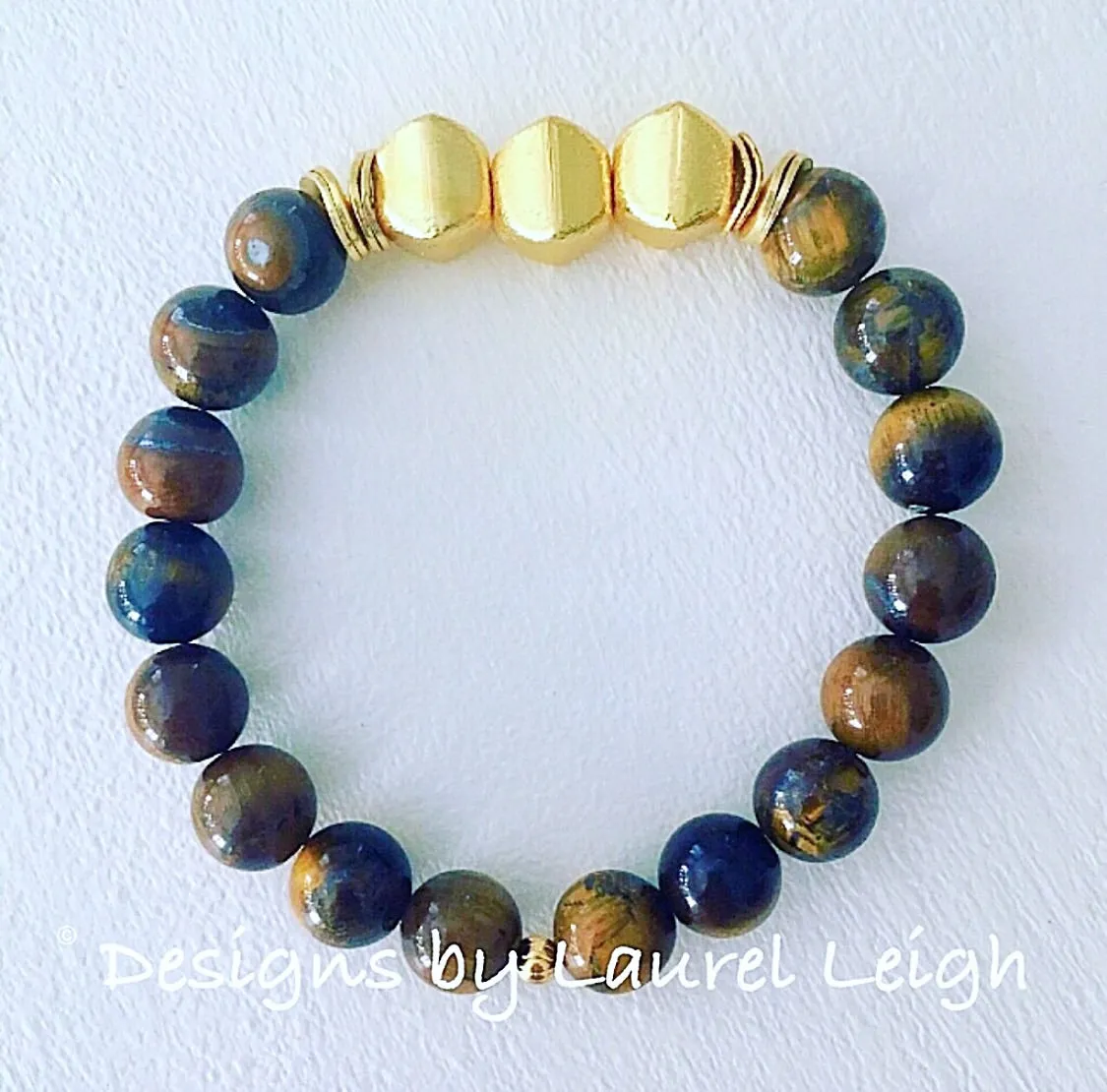Brown Tiger’s Eye Gemstone and Gold Beaded Bracelet