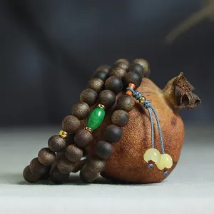 Buddha Stones 108 Mala Beads Nha Trang Bai Qinan Agarwood Cyan Jade Amber Strength Meditation Bracelet