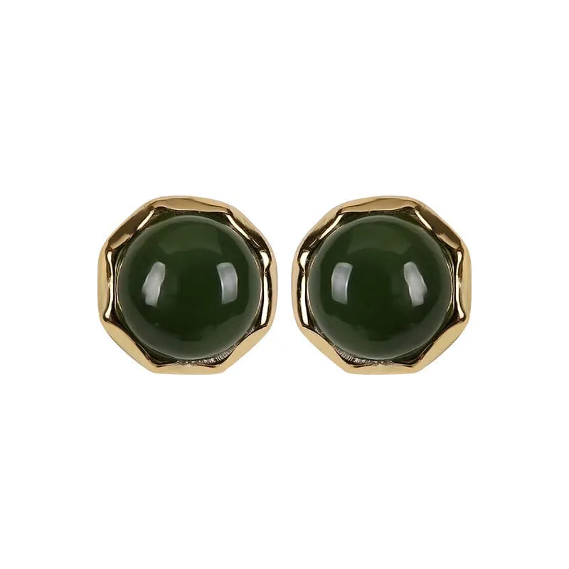 Buddha Stones 925 Sterling Silver Plated Gold Natural Hetian Cyan Jade Bead Luck Stud Earrings