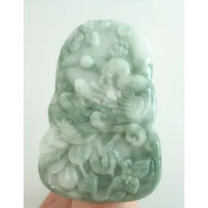 Certified Green Burma Natural Type A Jade Jadeite Carved Peacock Ruyi Pendant