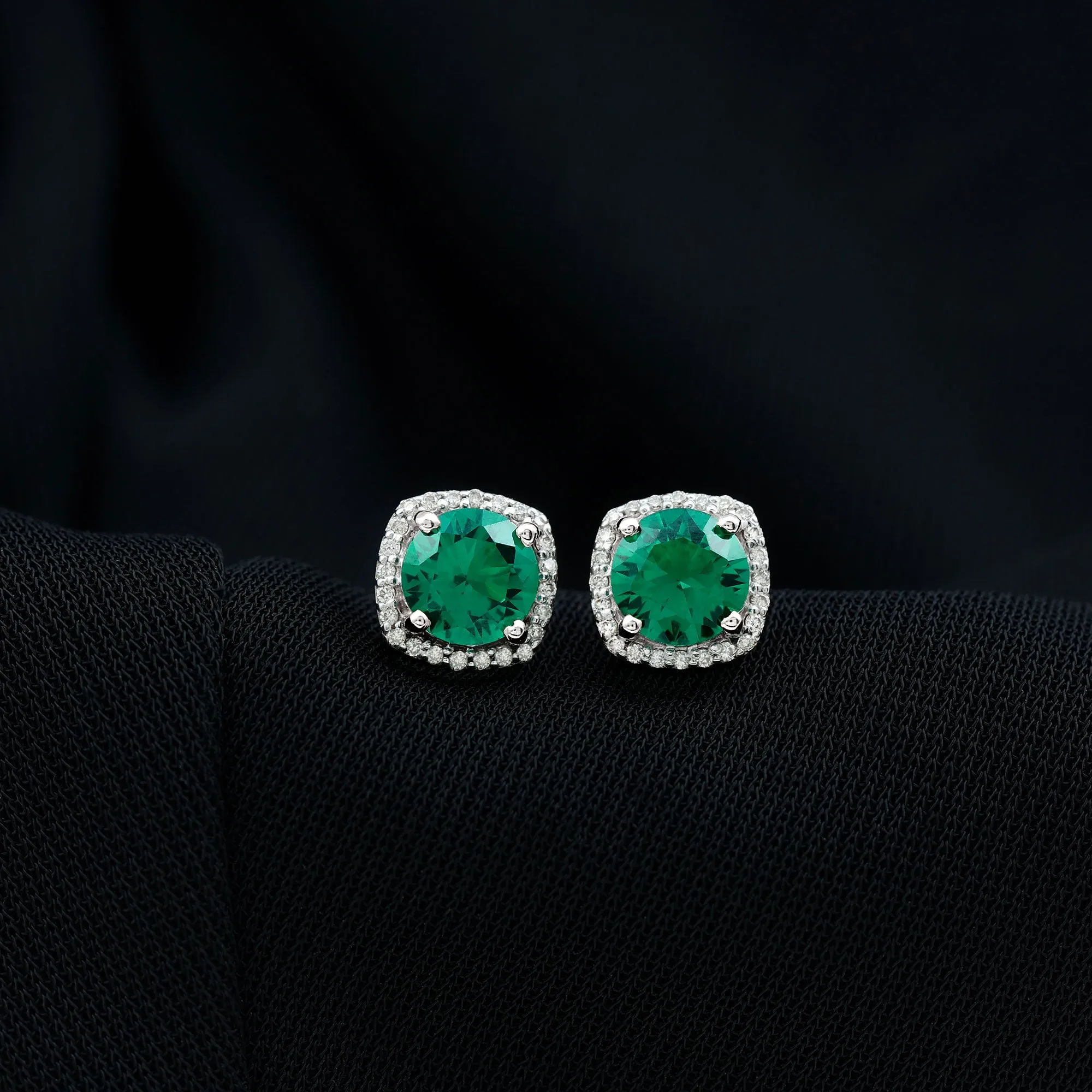 Classic Created Emerald Halo Silver Stud Earrings with Moissanite