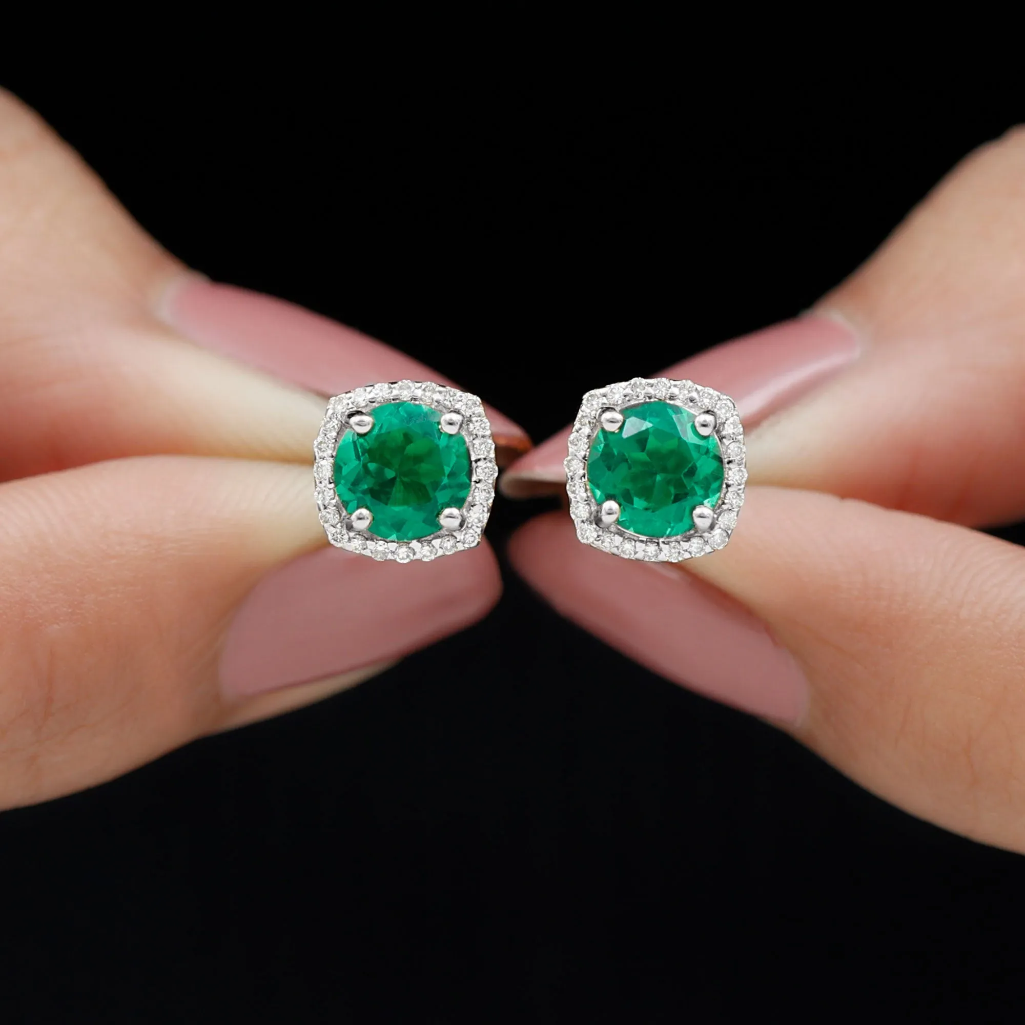 Classic Created Emerald Halo Silver Stud Earrings with Moissanite