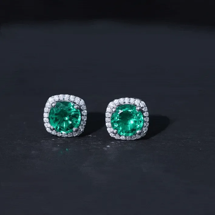 Classic Created Emerald Halo Silver Stud Earrings with Moissanite