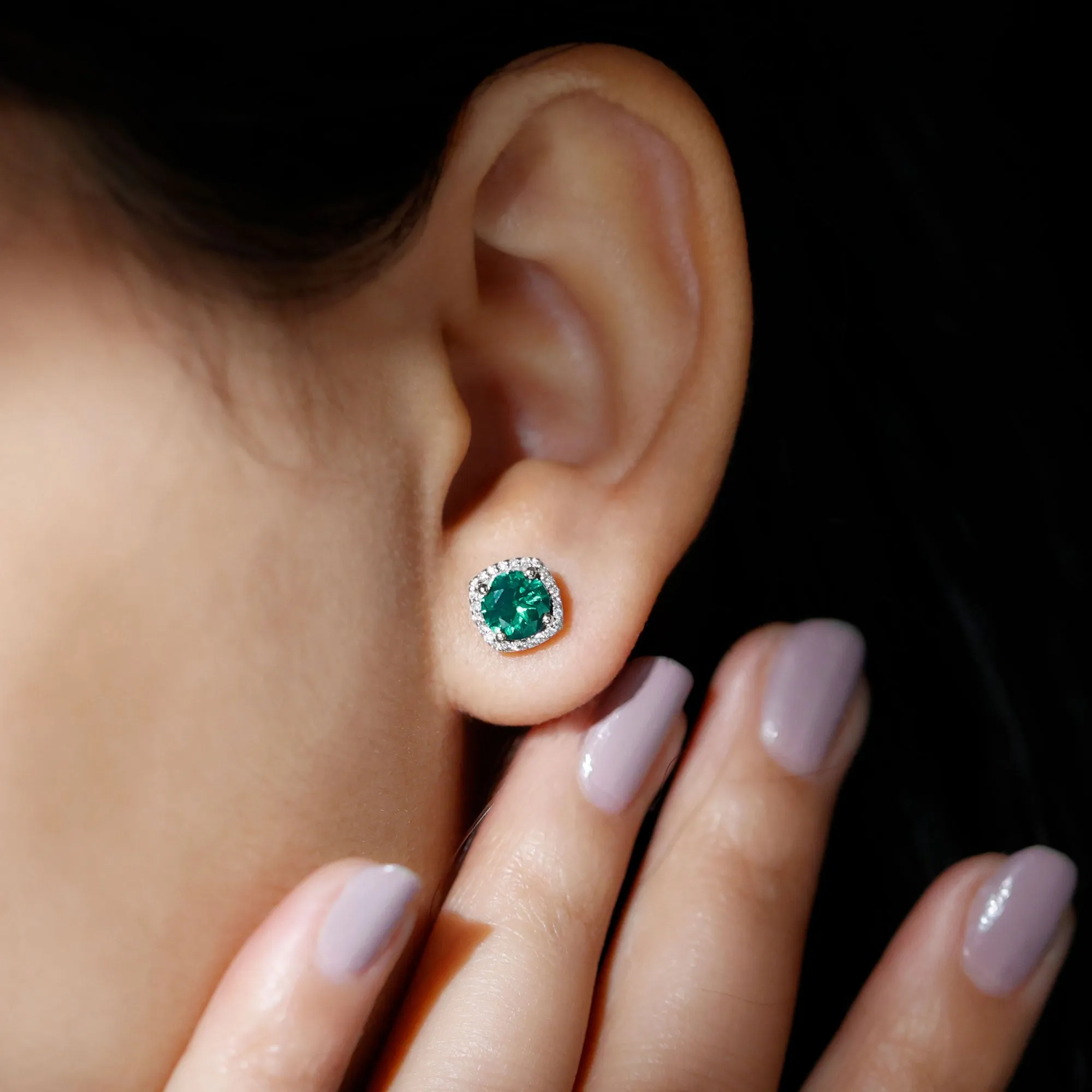Classic Created Emerald Halo Silver Stud Earrings with Moissanite