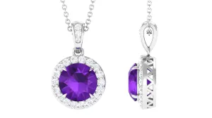 Claw Set Amethyst and Diamond Halo Pendant