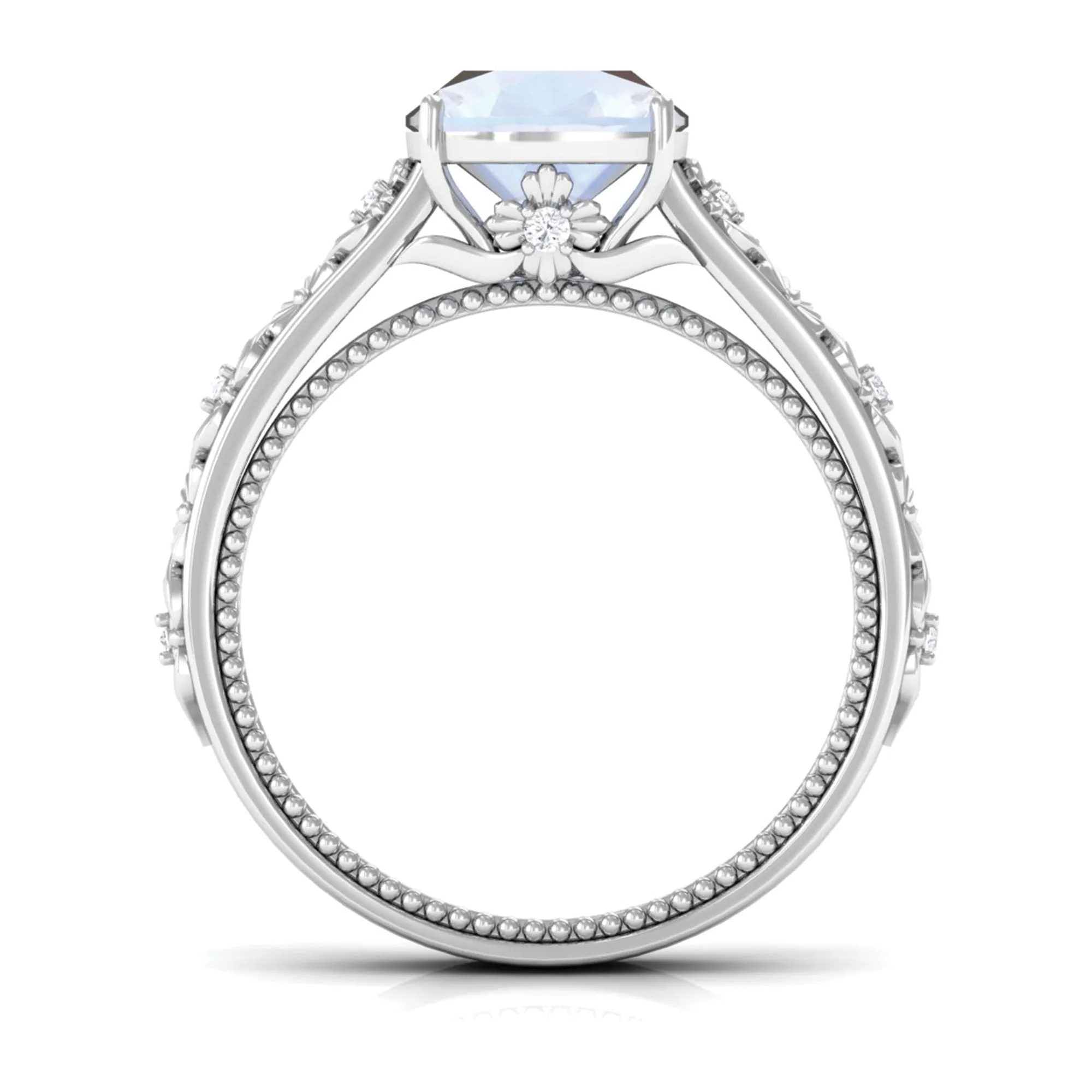 Cushion Cut Solitaire Moonstone Floral Engagement Ring with Diamond