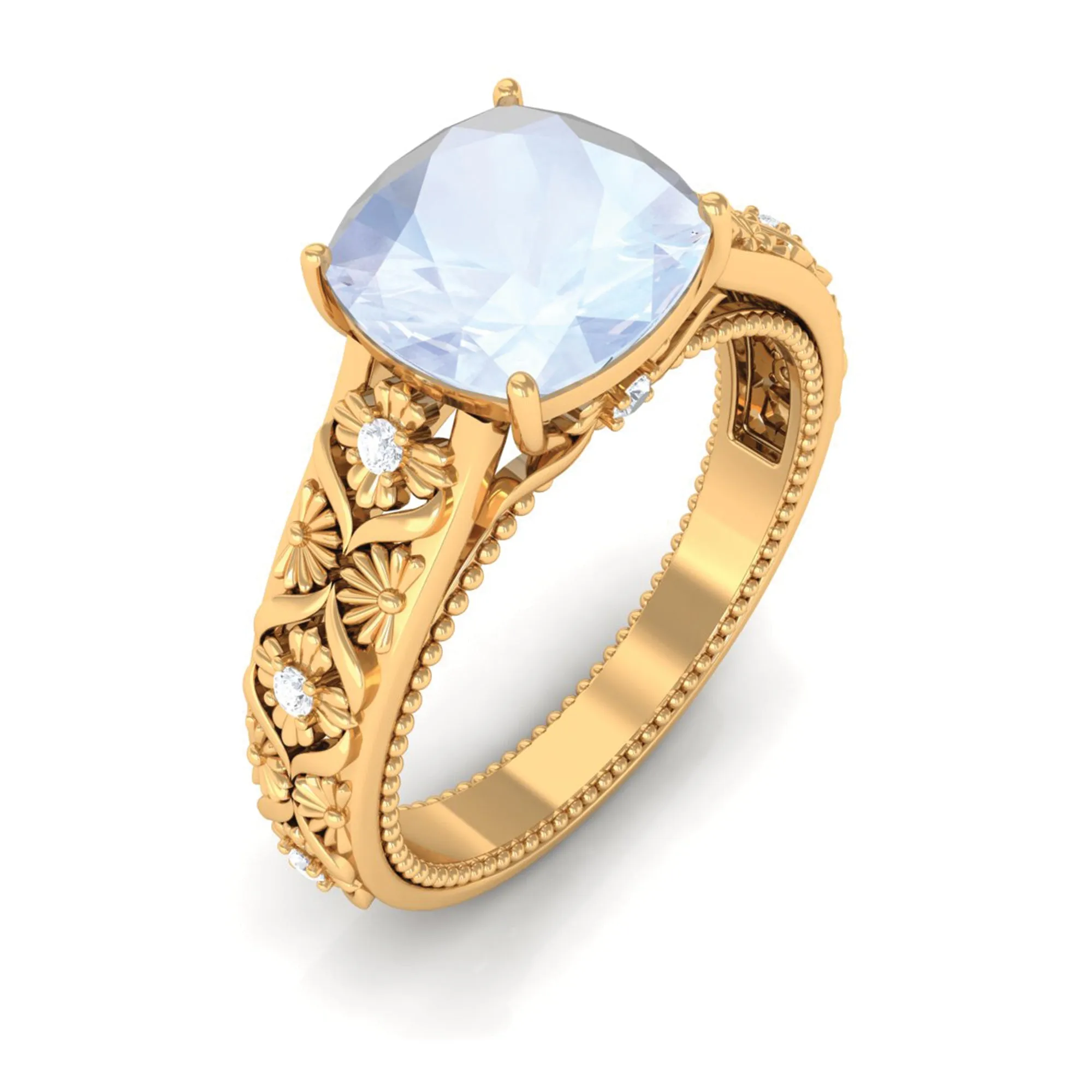 Cushion Cut Solitaire Moonstone Floral Engagement Ring with Diamond