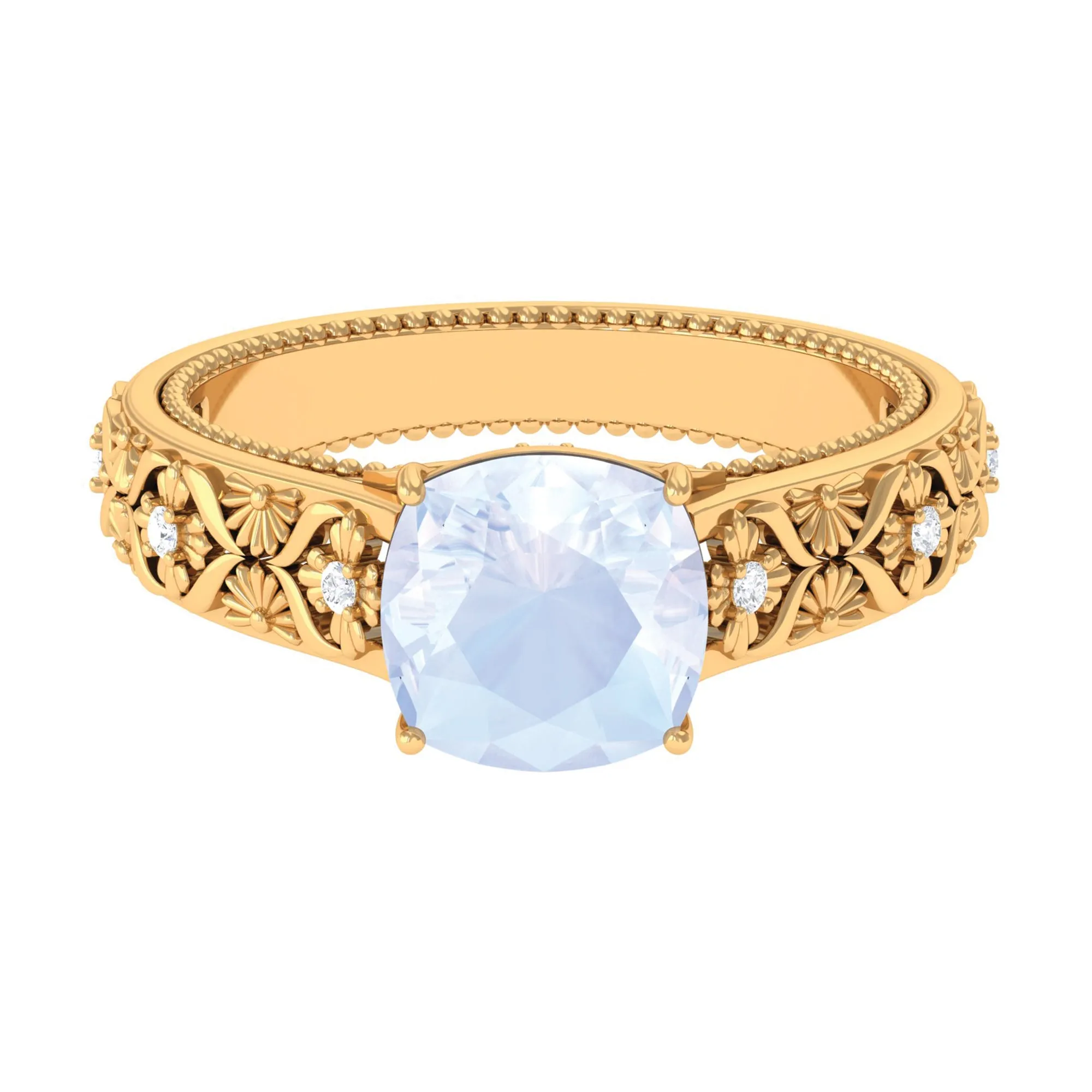 Cushion Cut Solitaire Moonstone Floral Engagement Ring with Diamond