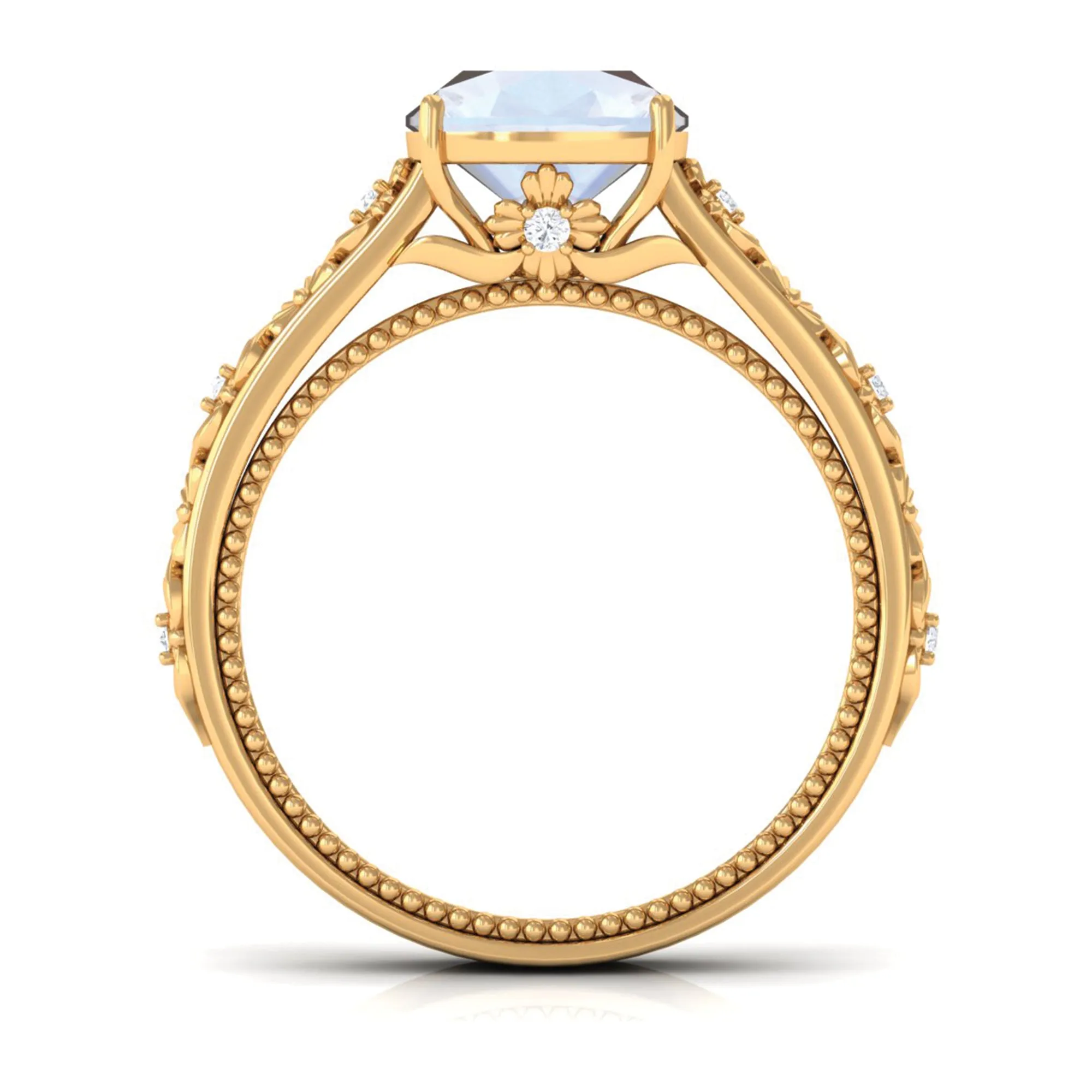Cushion Cut Solitaire Moonstone Floral Engagement Ring with Diamond