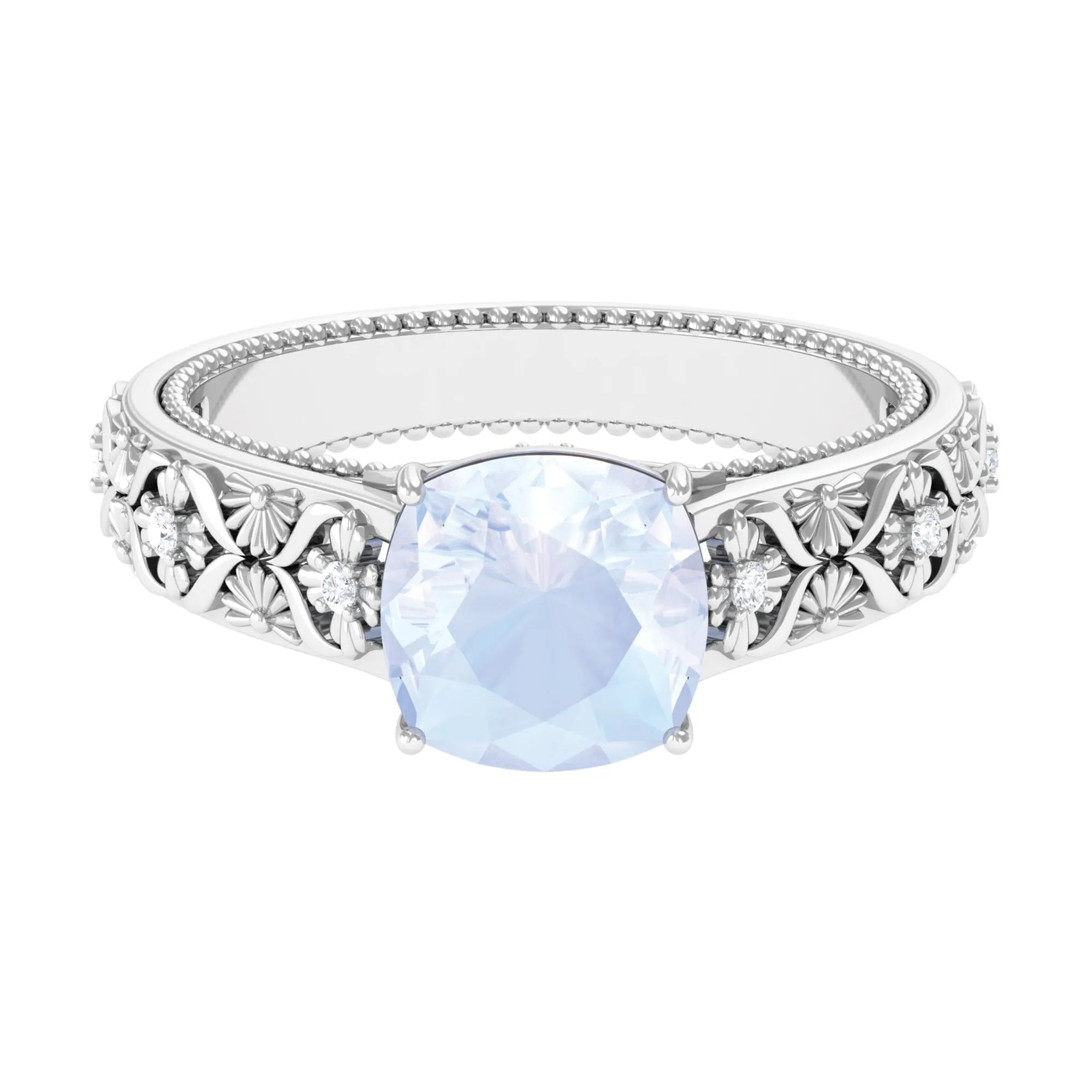 Cushion Cut Solitaire Moonstone Floral Engagement Ring with Diamond