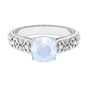 Cushion Cut Solitaire Moonstone Floral Engagement Ring with Diamond