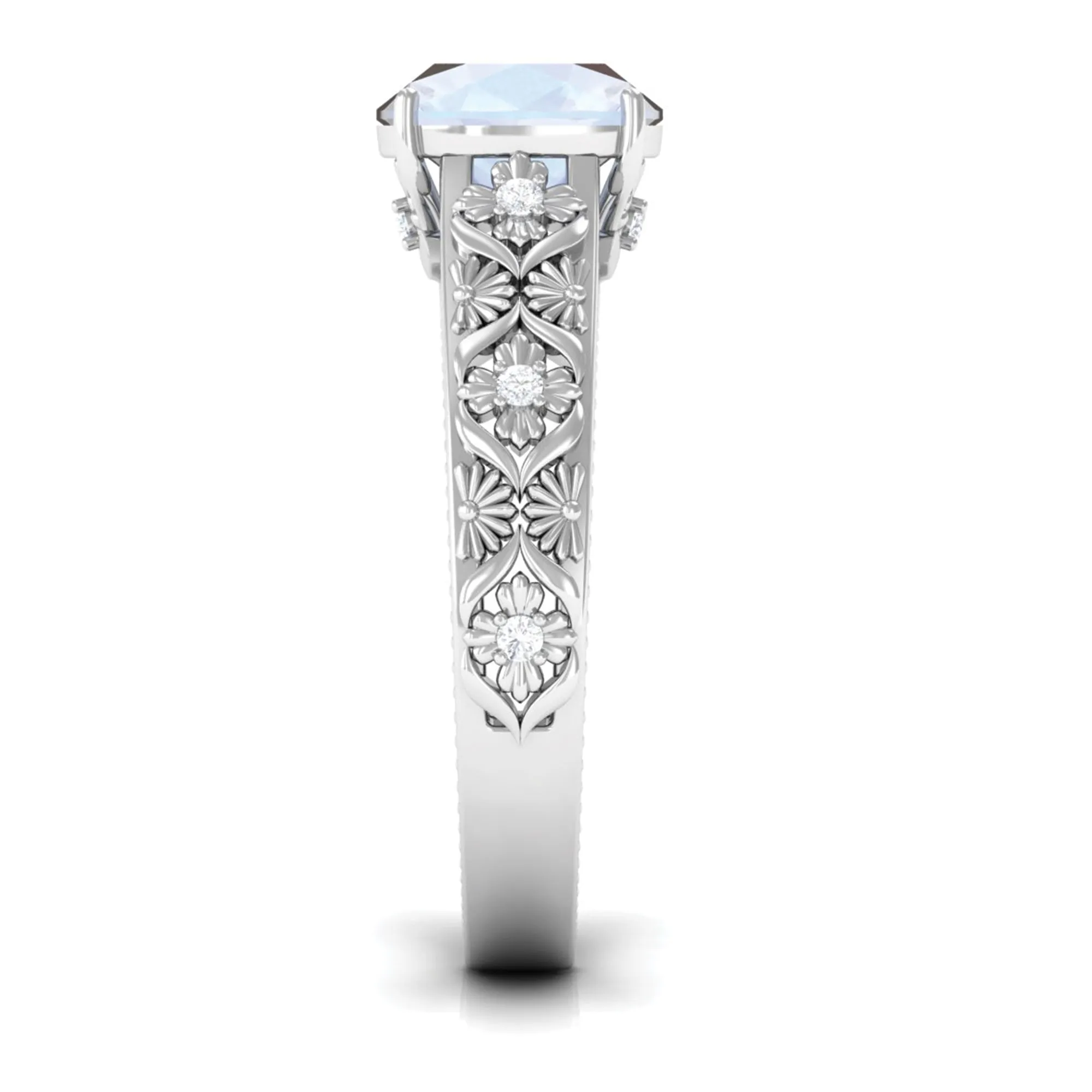 Cushion Cut Solitaire Moonstone Floral Engagement Ring with Diamond
