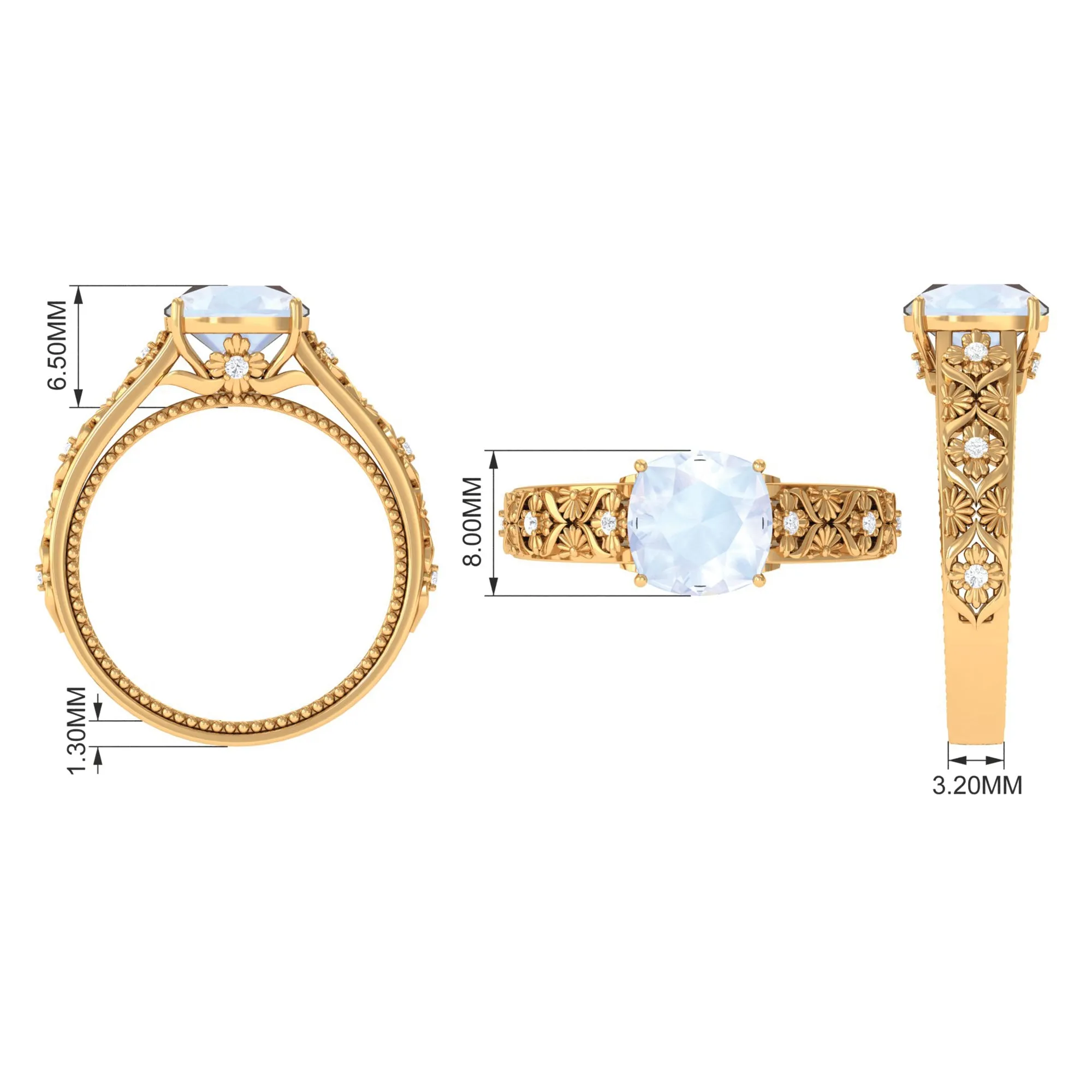 Cushion Cut Solitaire Moonstone Floral Engagement Ring with Diamond