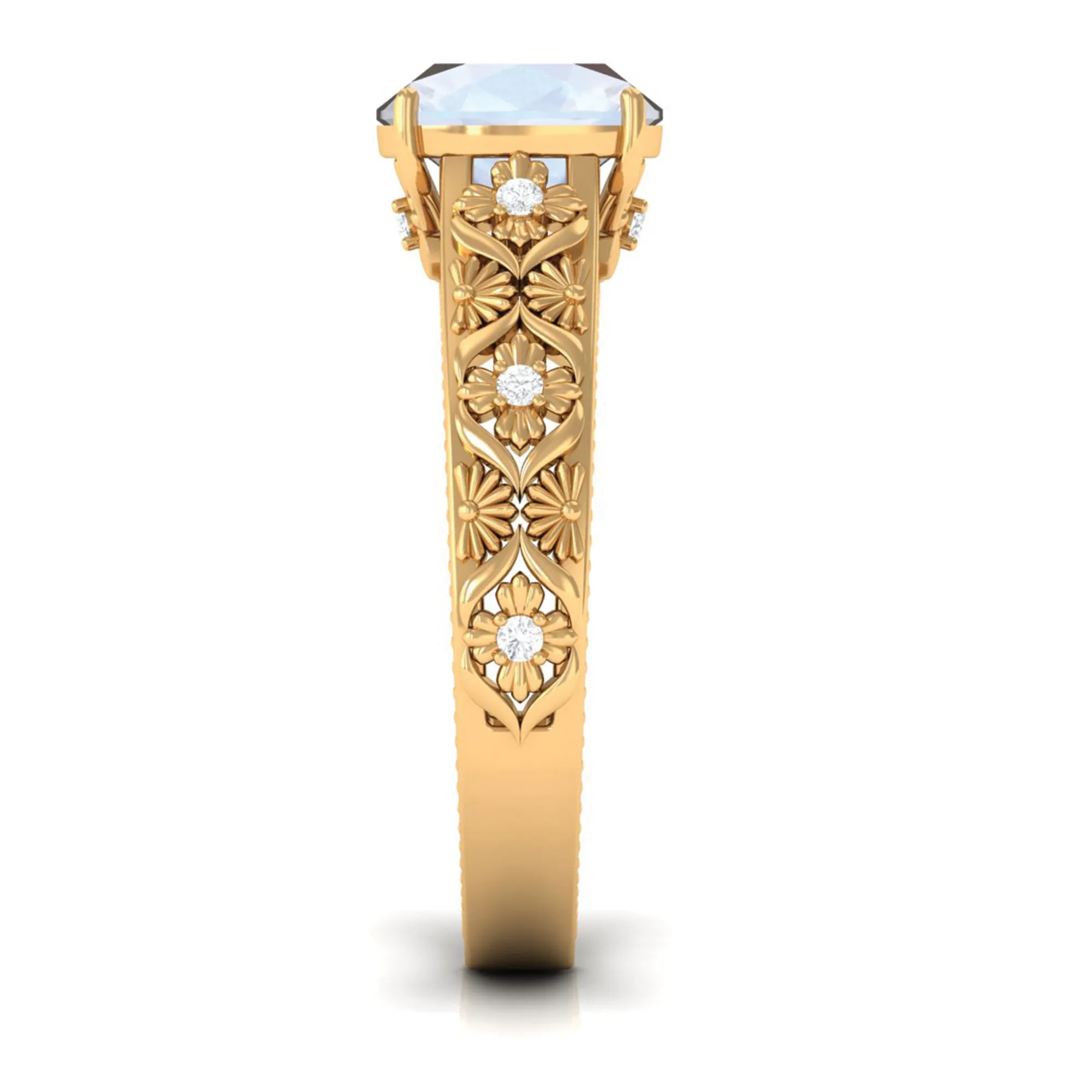 Cushion Cut Solitaire Moonstone Floral Engagement Ring with Diamond