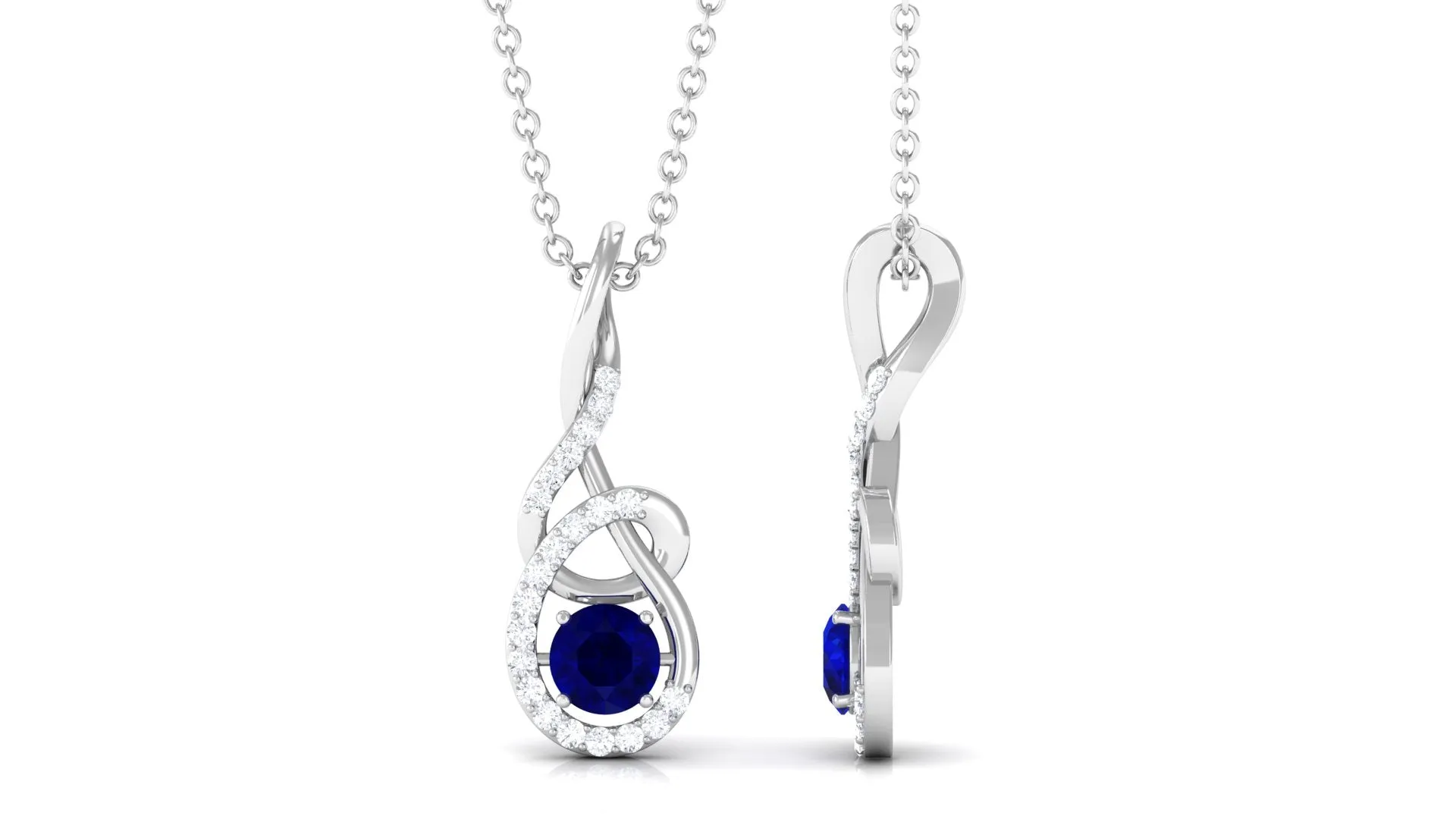 Designer Round Blue Sapphire and Diamond Twisted Drop Pendant