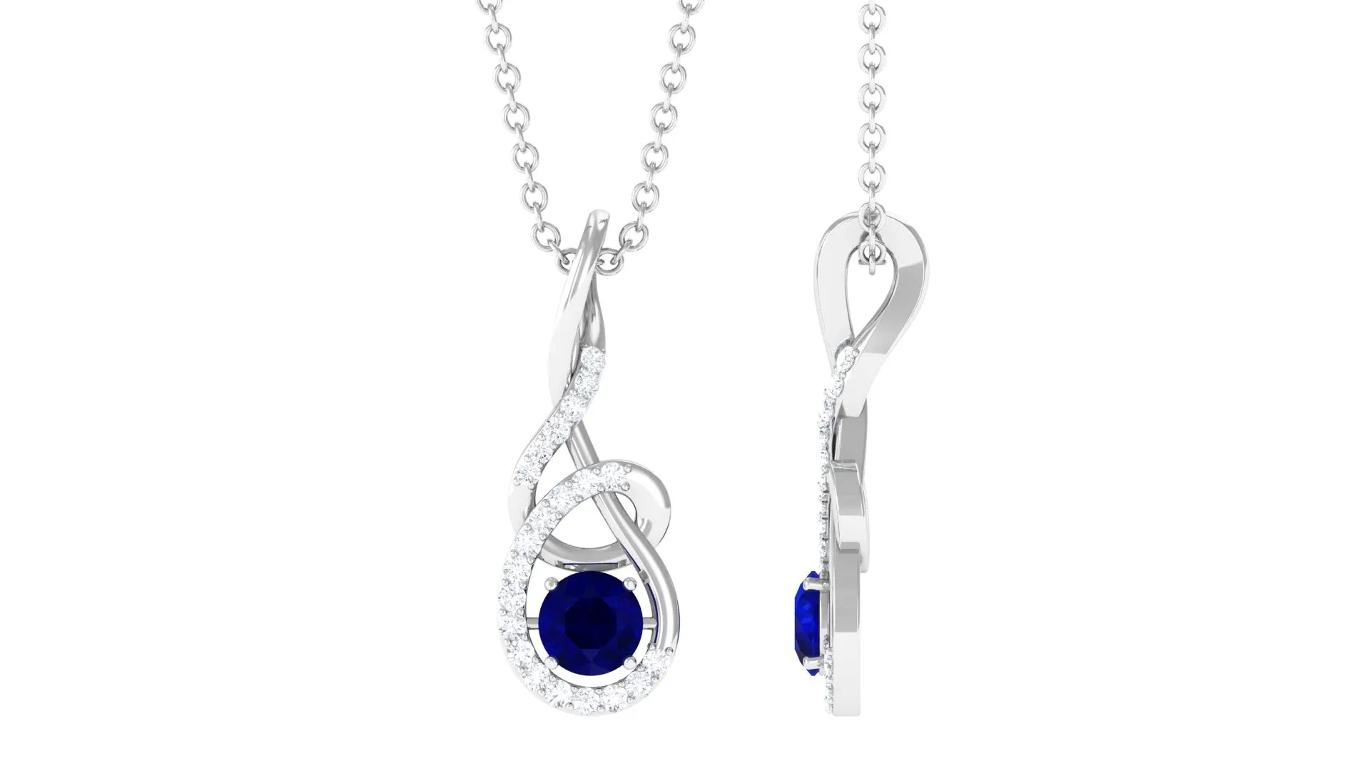 Designer Round Blue Sapphire and Diamond Twisted Drop Pendant