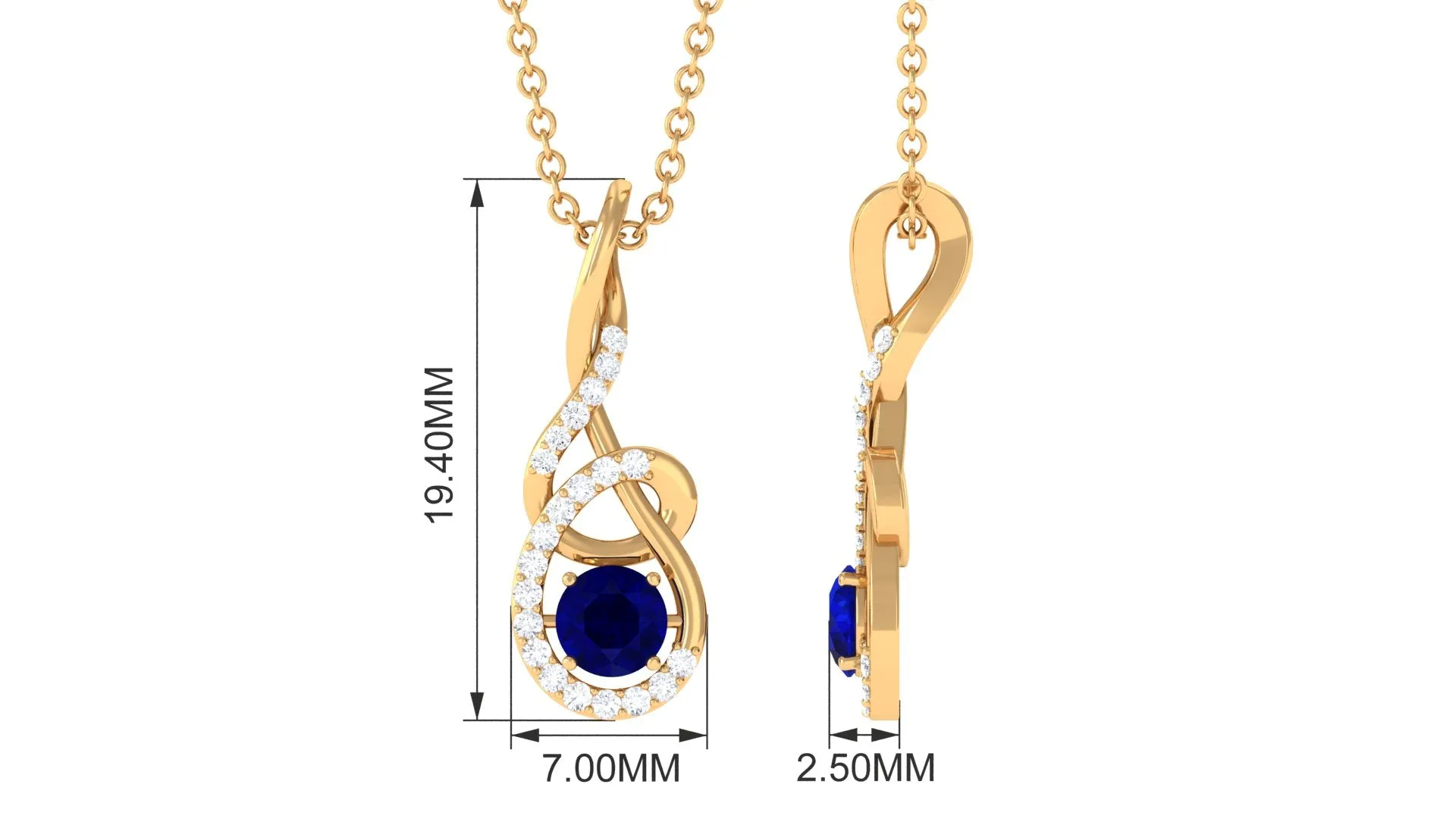 Designer Round Blue Sapphire and Diamond Twisted Drop Pendant