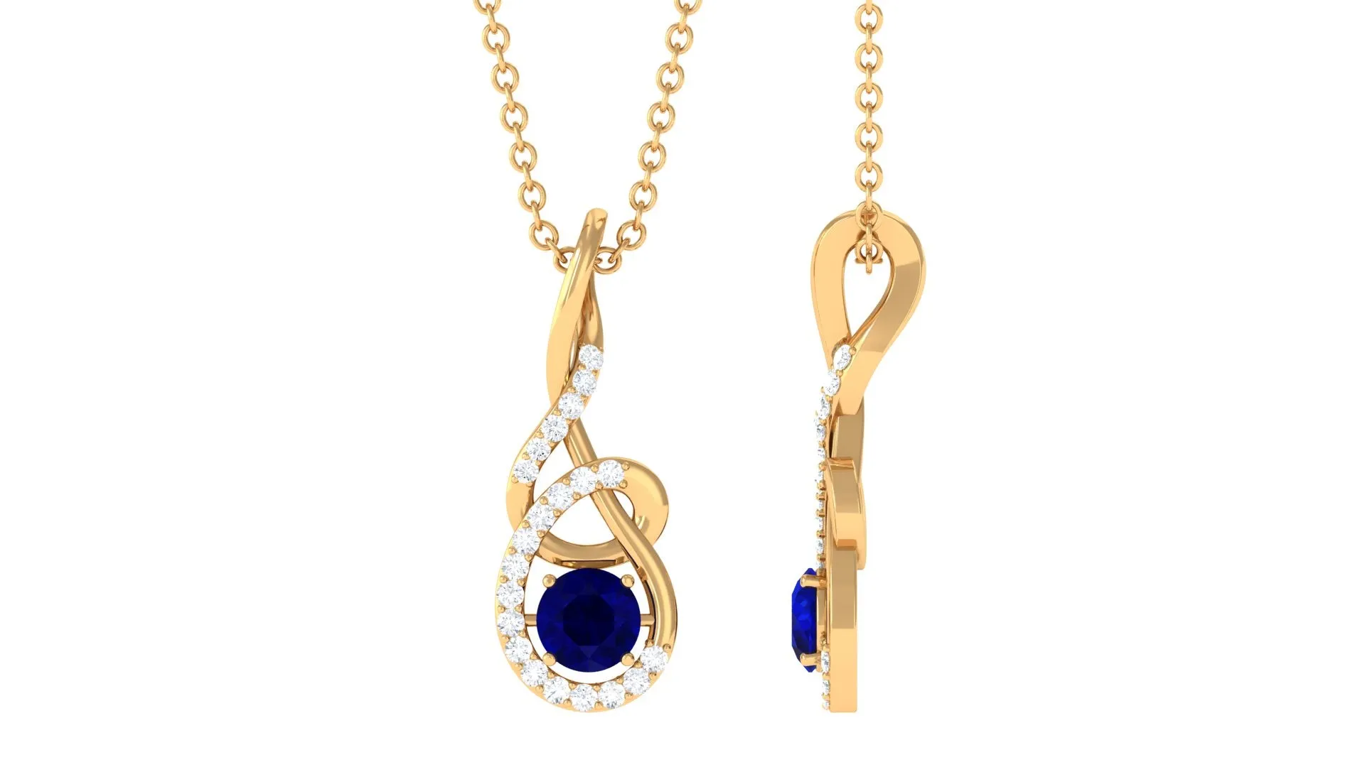 Designer Round Blue Sapphire and Diamond Twisted Drop Pendant