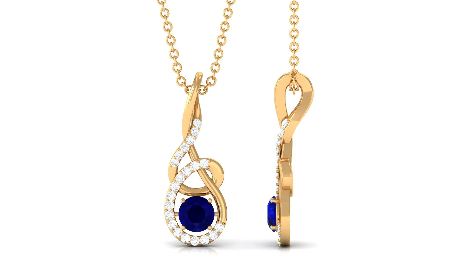 Designer Round Blue Sapphire and Diamond Twisted Drop Pendant
