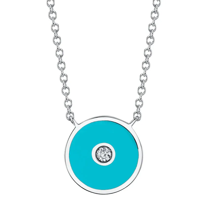 Diamond & Turquoise Colored Enamel Circle Necklace