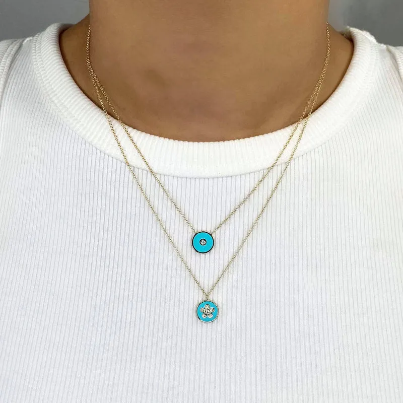 Diamond & Turquoise Colored Enamel Circle Necklace