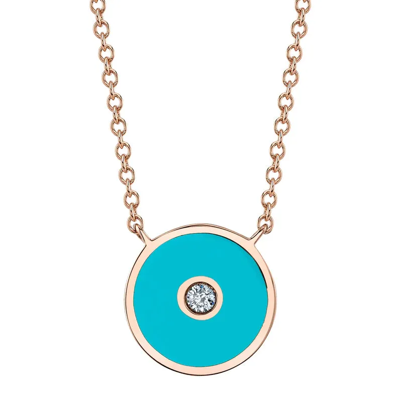 Diamond & Turquoise Colored Enamel Circle Necklace