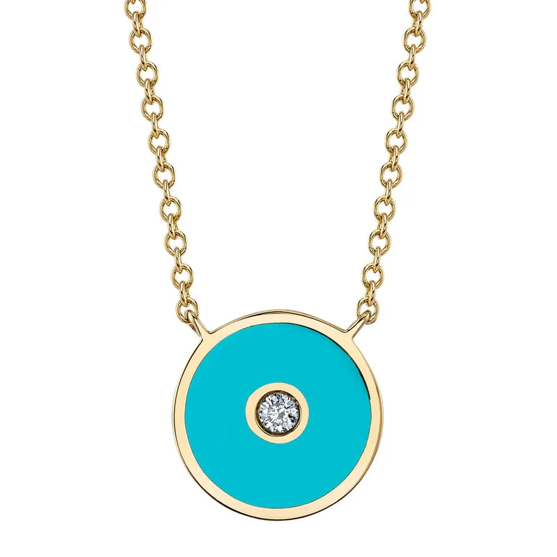 Diamond & Turquoise Colored Enamel Circle Necklace