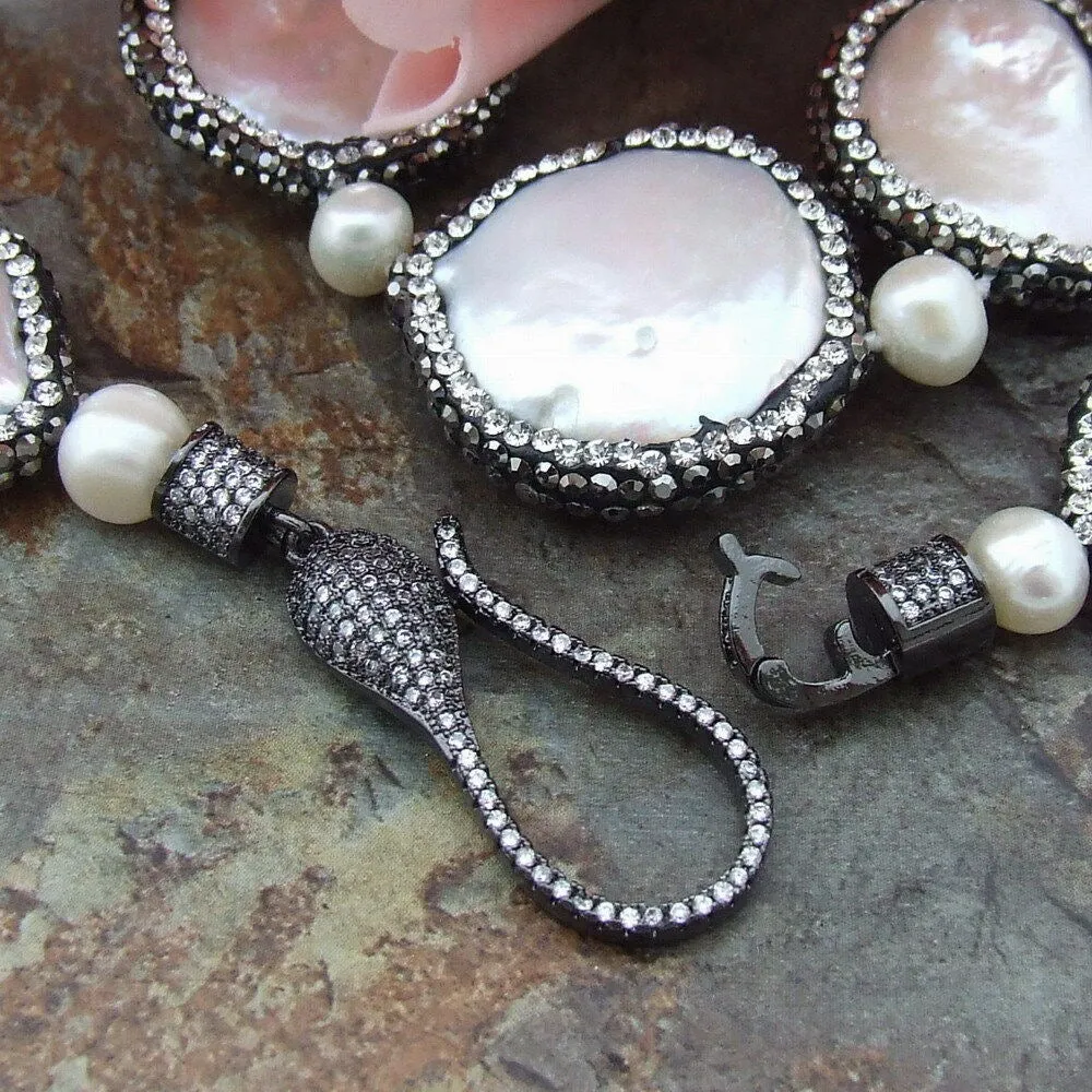 Distinctive Coin Pearls with Black Marcasite Gemstone Statement Necklace 20"