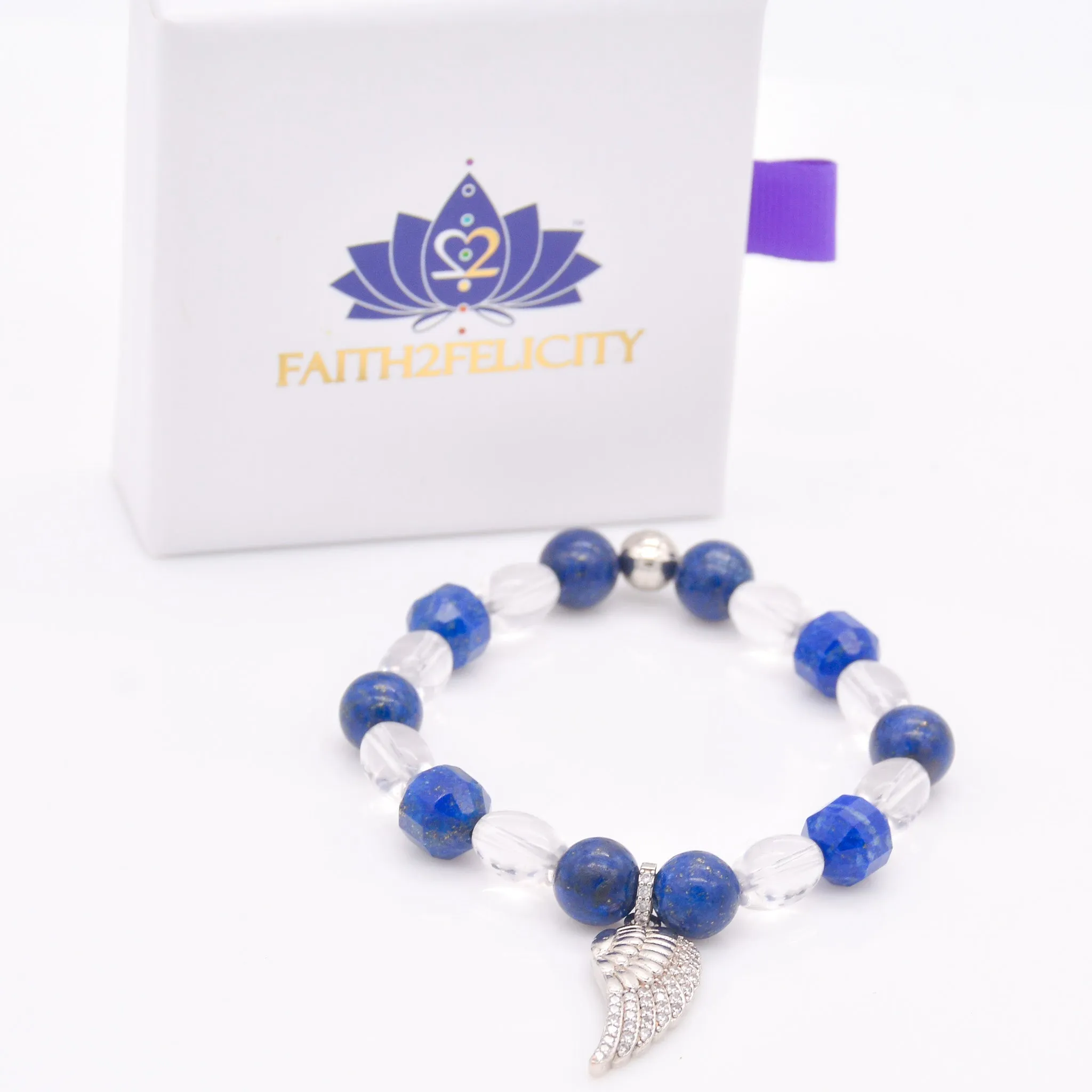 Divine Clarity Lapis Lazuli & Clear Quartz Bracelet with Angel Wing Charm