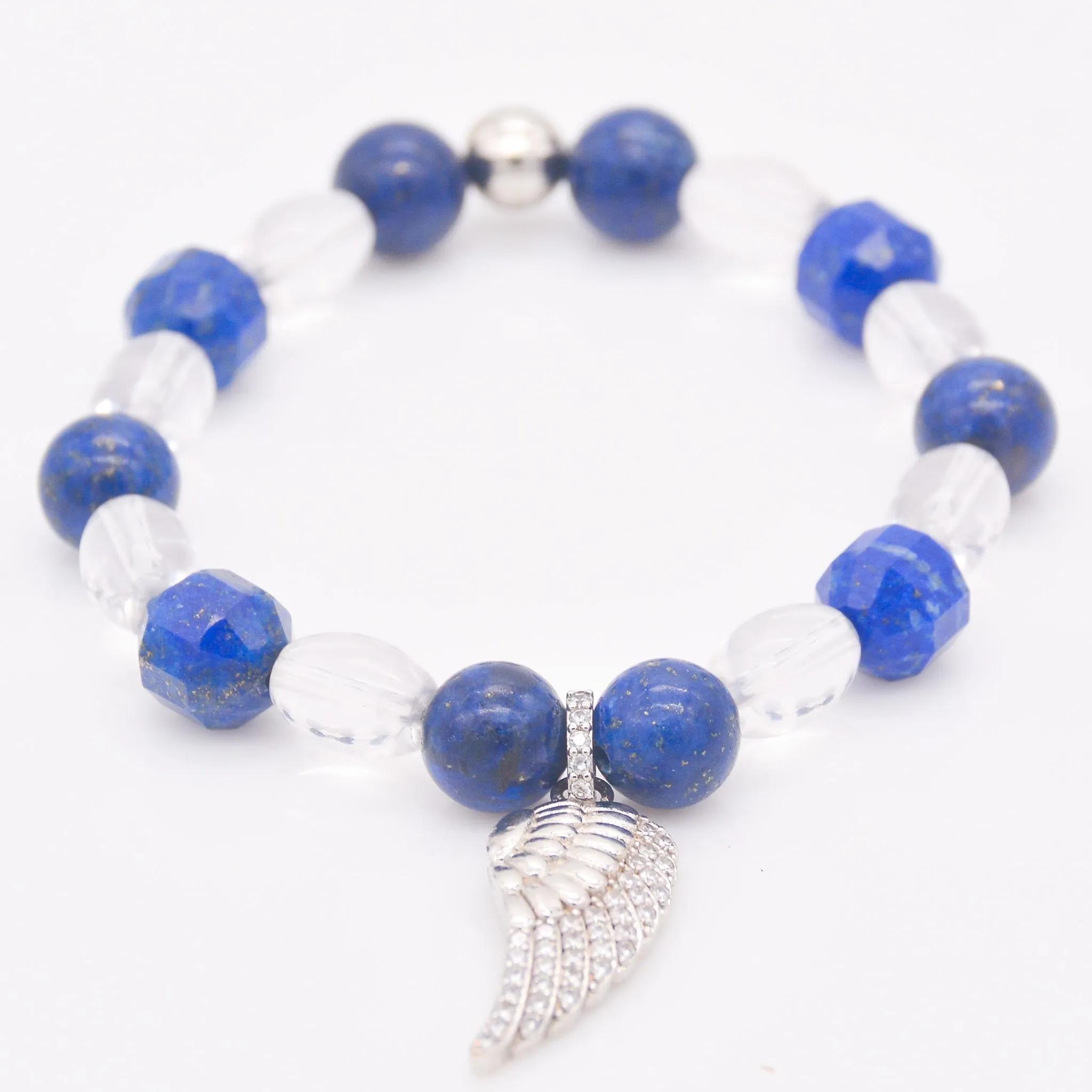 Divine Clarity Lapis Lazuli & Clear Quartz Bracelet with Angel Wing Charm