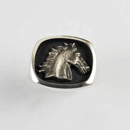 D'Oro Horse Head Signet Ring Sterling Silver