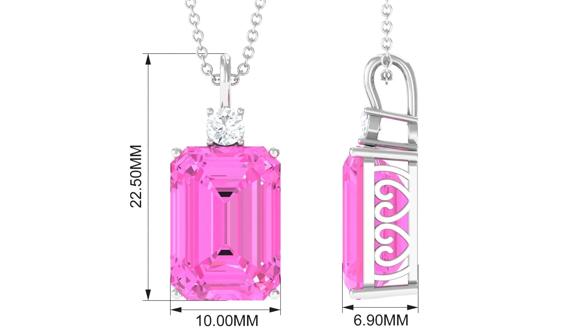 Emerald Cut Solitaire Created Pink Sapphire Pendant with Moissanite