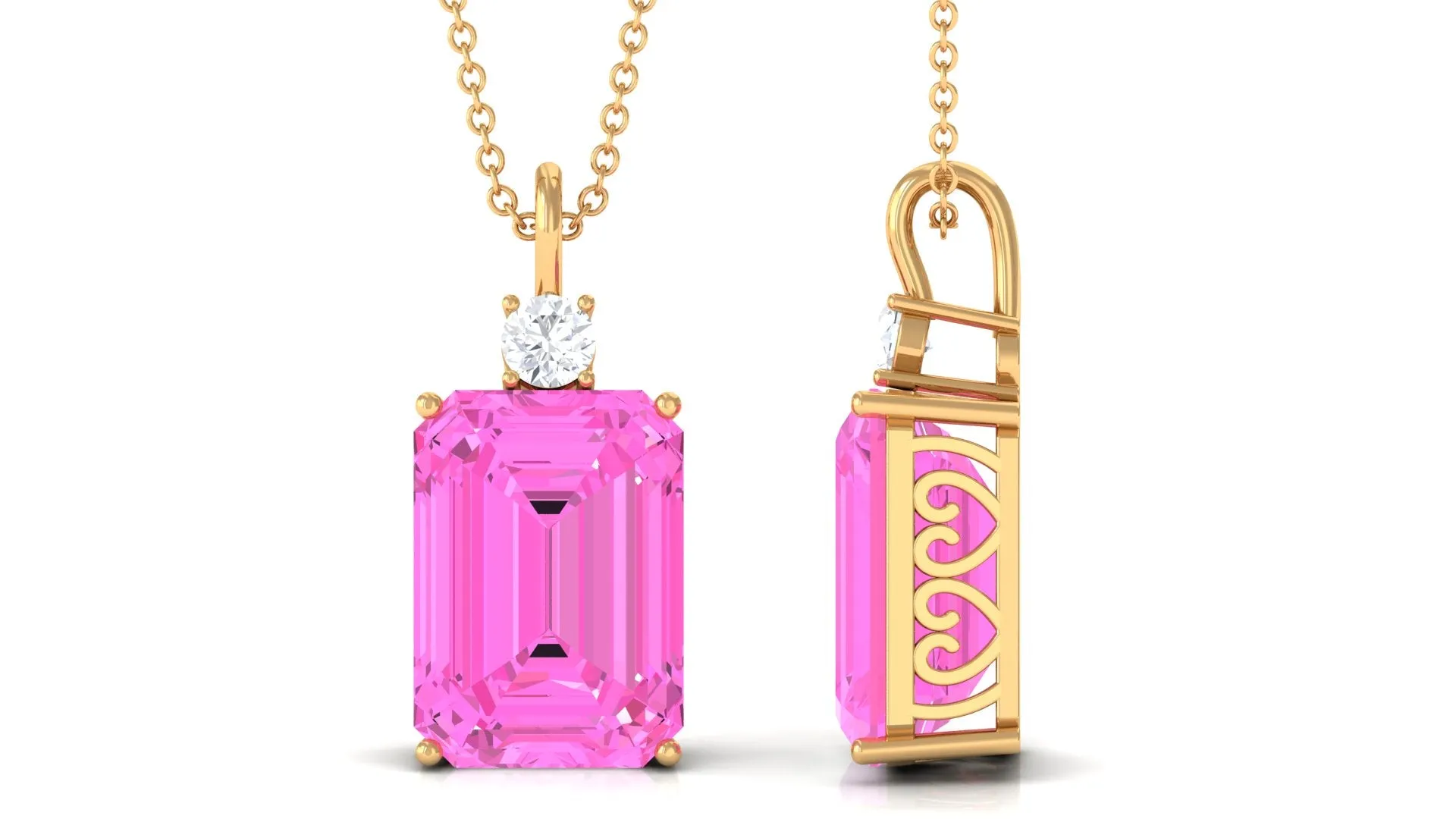 Emerald Cut Solitaire Created Pink Sapphire Pendant with Moissanite