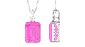 Emerald Cut Solitaire Created Pink Sapphire Pendant with Moissanite