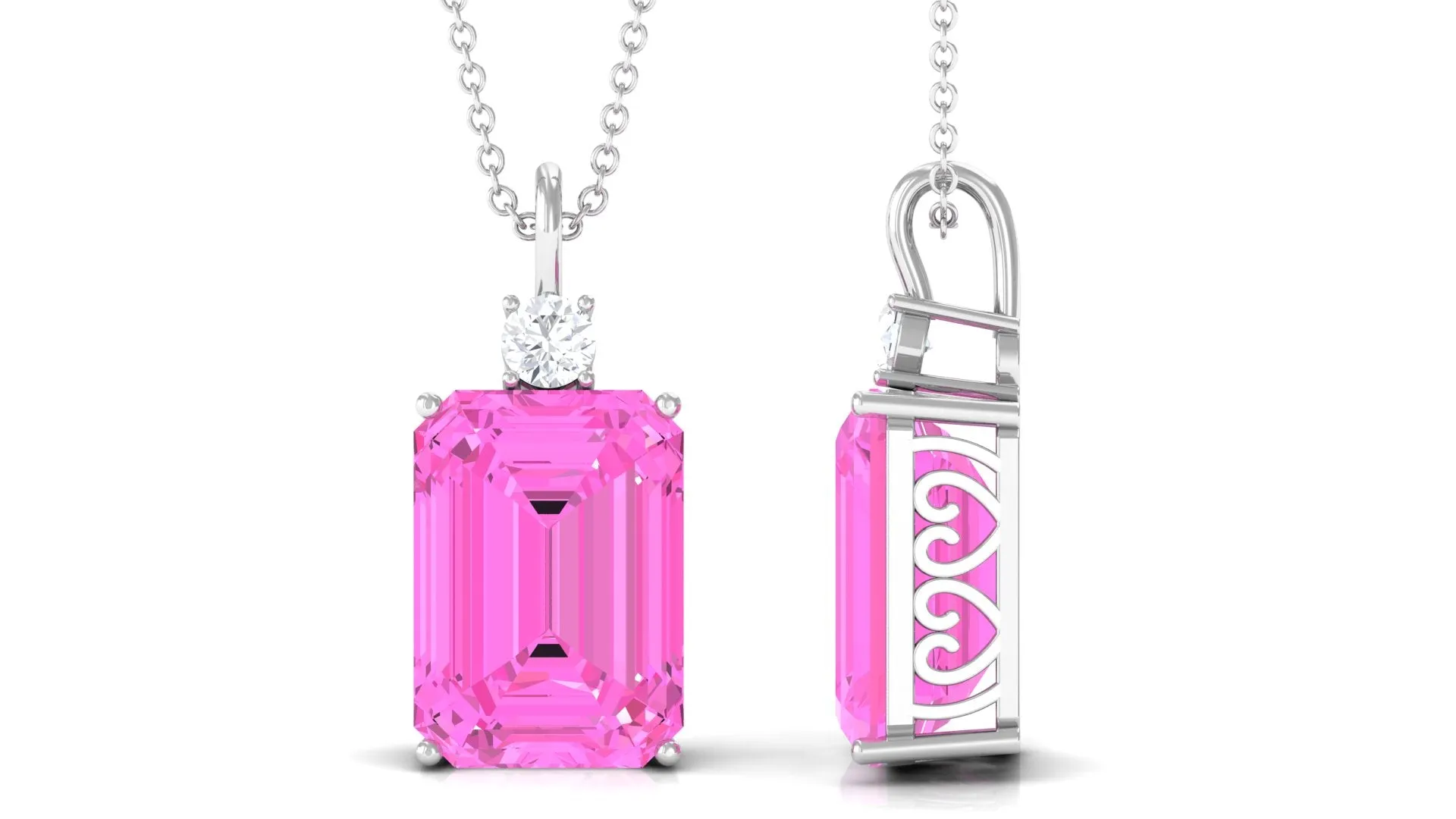 Emerald Cut Solitaire Created Pink Sapphire Pendant with Moissanite