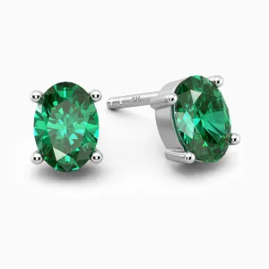 Emerald Oval Stud Earrings - 925 Sterling Silver