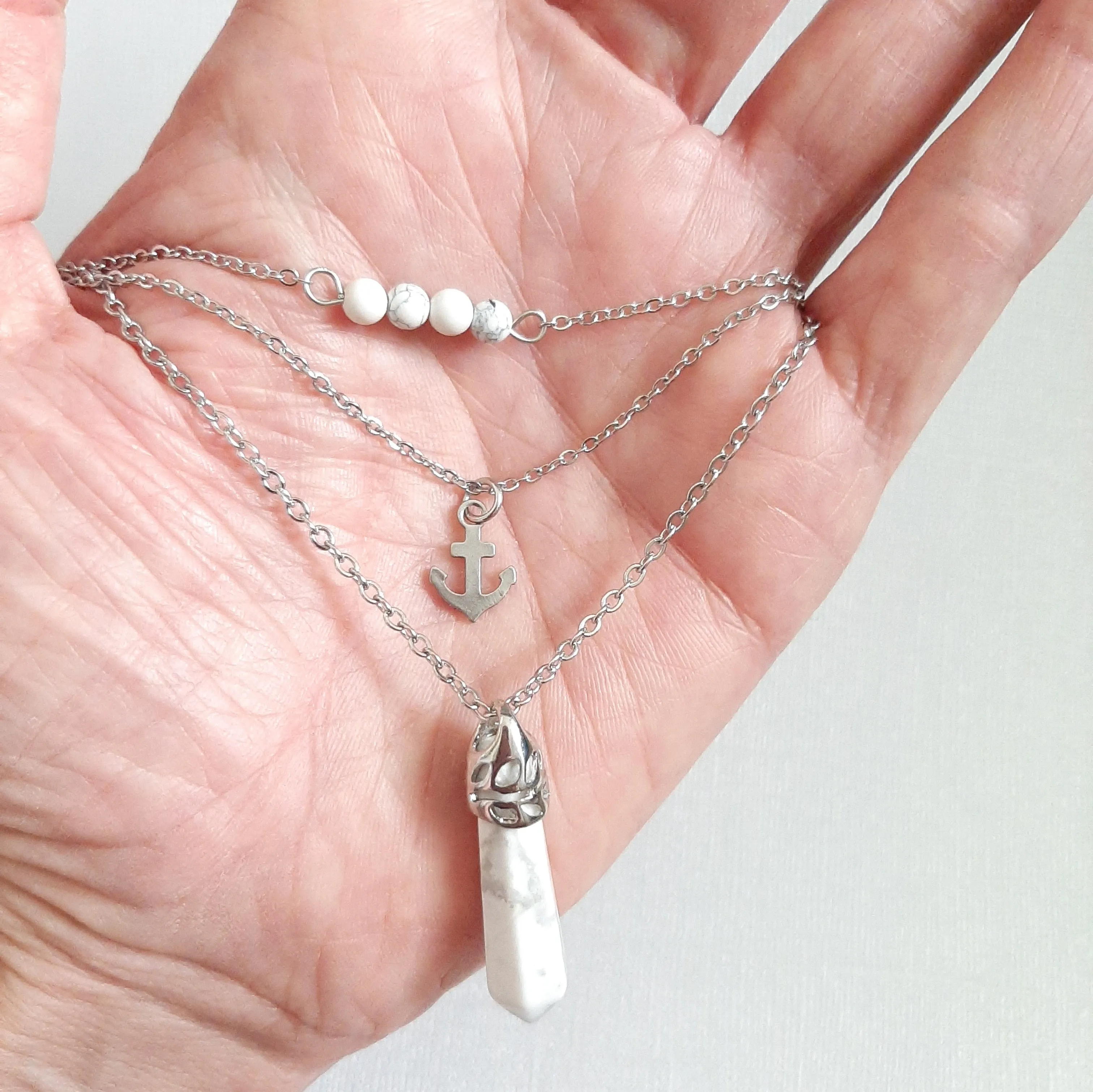 Gemstone Crystal & Charm Layered Necklace Set - White Howlite