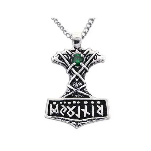 Gold Ornate Thor's Hammer Necklace with Gemstone