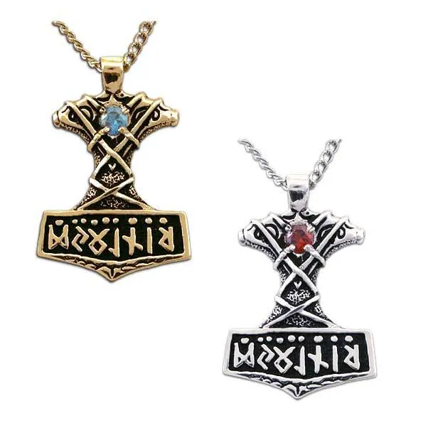 Gold Ornate Thor's Hammer Necklace with Gemstone