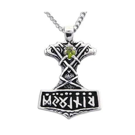 Gold Ornate Thor's Hammer Necklace with Gemstone