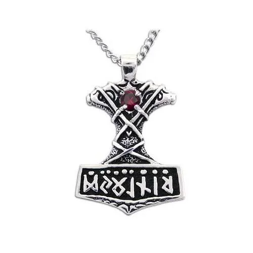 Gold Ornate Thor's Hammer Necklace with Gemstone
