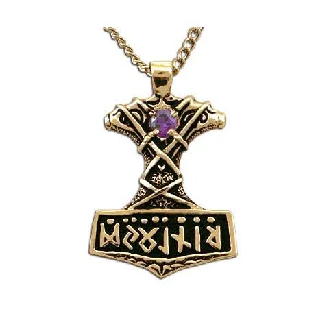 Gold Ornate Thor's Hammer Necklace with Gemstone