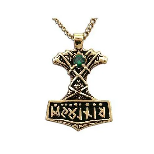Gold Ornate Thor's Hammer Necklace with Gemstone