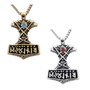 Gold Ornate Thor's Hammer Necklace with Gemstone