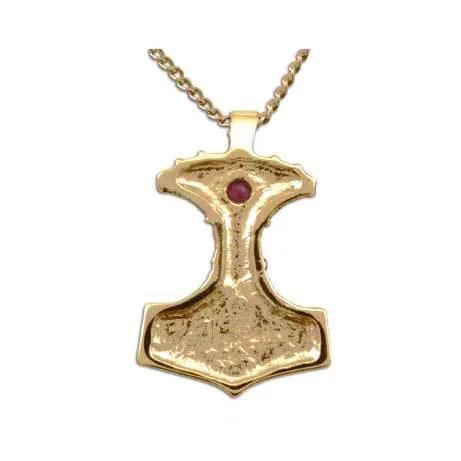 Gold Ornate Thor's Hammer Necklace with Gemstone