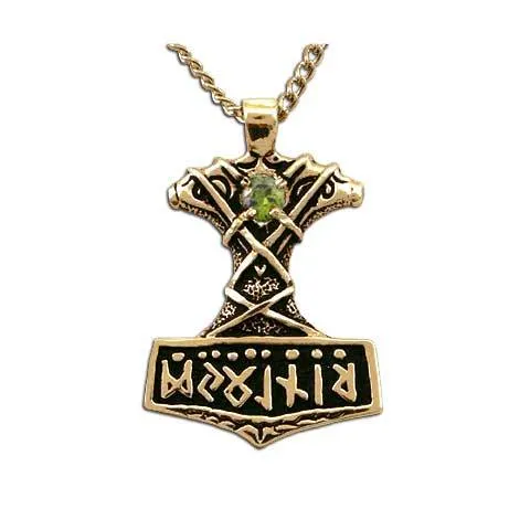 Gold Ornate Thor's Hammer Necklace with Gemstone