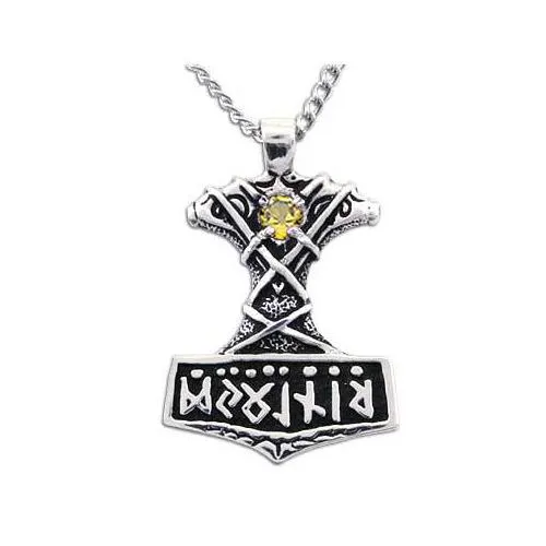 Gold Ornate Thor's Hammer Necklace with Gemstone