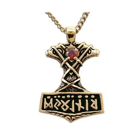 Gold Ornate Thor's Hammer Necklace with Gemstone